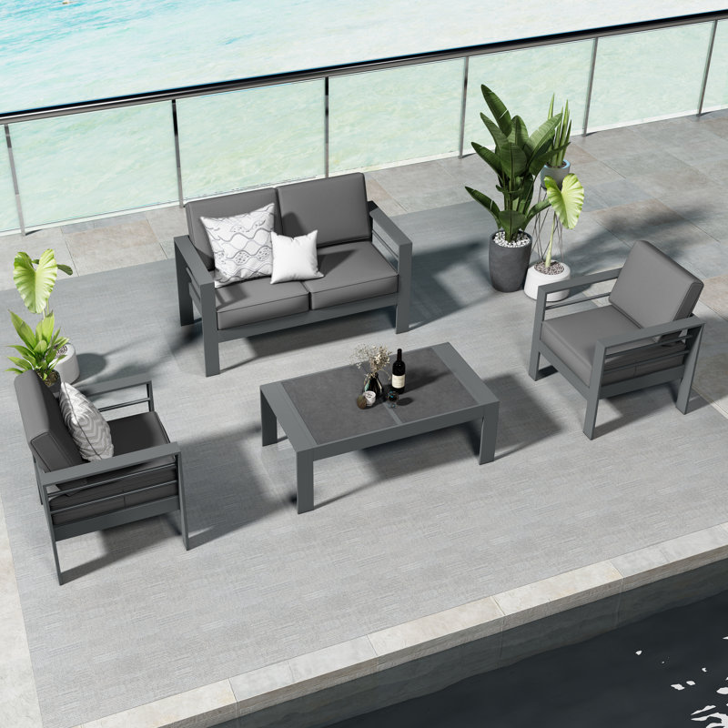Rectangular Glass Outdoor Coffee Table - 109.2 cm W 61 cm D, Dark Grey
