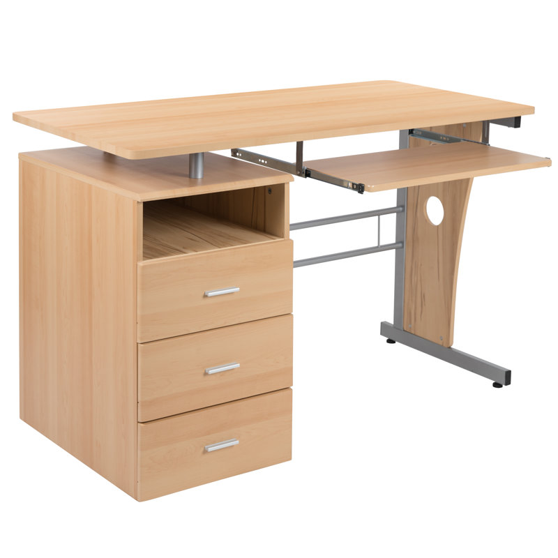 Picabo Computer Desk with Three Drawer Single Pedestal and Pull-Out Keyboard Tray, Maple