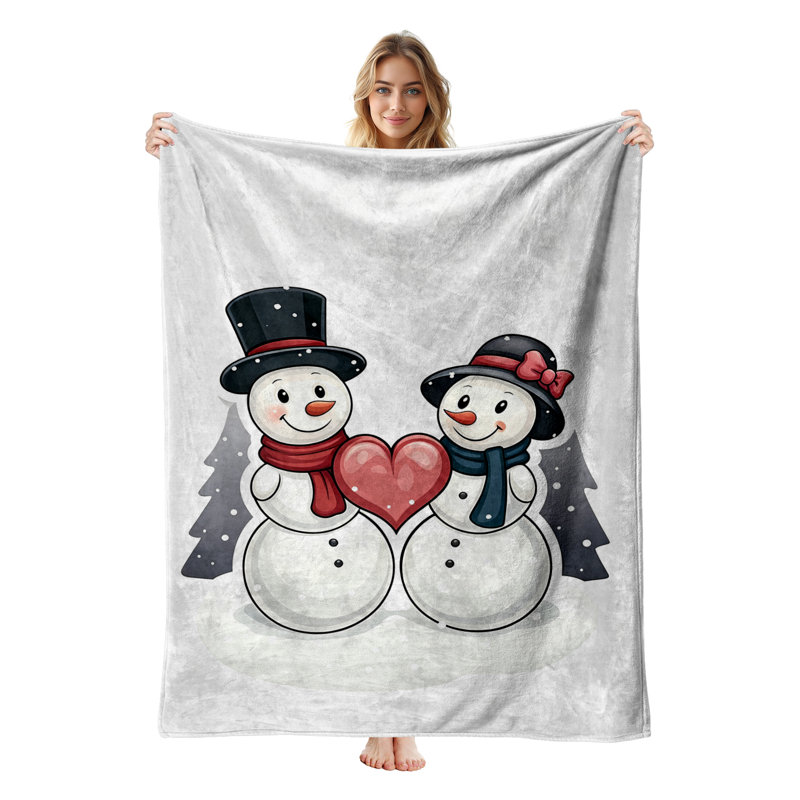 Plaid de Noël en flanelle polaire JYK, léger, respirant, doux et chaud en microfibre pelucheuse, 127 x 152 cm, motif de couple de bonhommes de neige et cœur