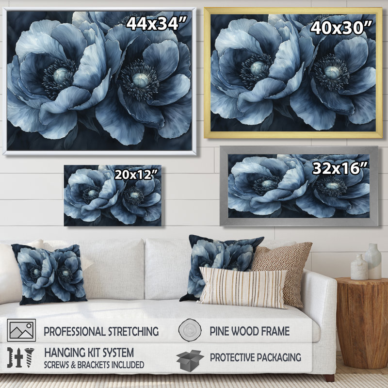 «Illait Blue Mid Night Harmony Pivoines I», art mural pivoines, H 30 po x l 40 po, Brun, Impression encadrée flottante