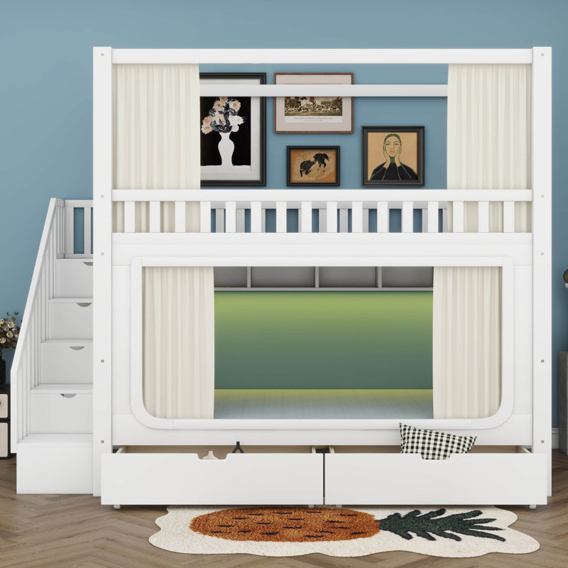 Lit superposé avec rideaux d'intimité, lumières DEL sous le lit, lit superposé en bois avec escalier de rangement et tiroirs