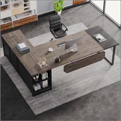 L-Shaped Executive Desk With File Cabinet, Large Industrial Computer Workstation With Storage, Corner Office Desk For Home & Business