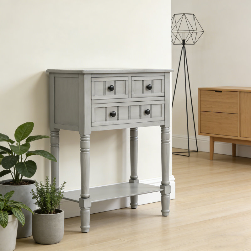 Narrow Sofa Table With 3 Drawers – Living Room Console Table With Storage, Gray Wash, 31.1" H x 23.7" W x 13" D