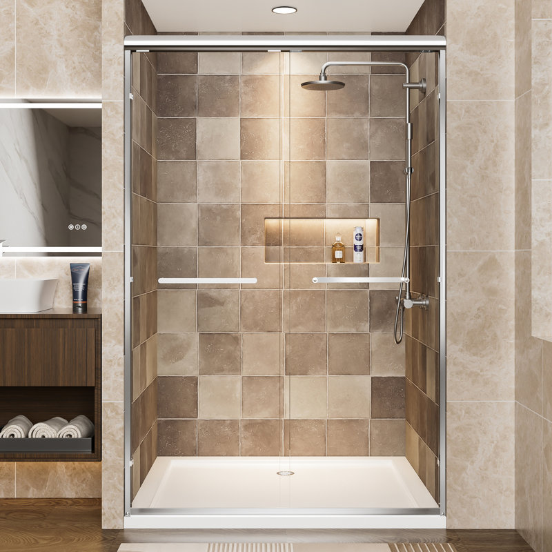48" W X 72" H Aluminum Double Sliding Shower Door, 1/4" (6mm) Clear Tempered Glass With - Proof Film, Dual Stainless Steel Handles, Reversible And Adjustable For Bathroom Use Door Frame, Shatter