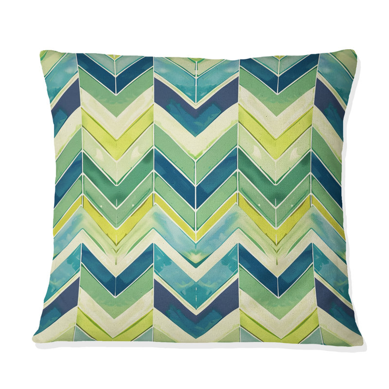 Coussin décoratif bleu à chevrons bleu et vert I, H 18 po x l 18 po