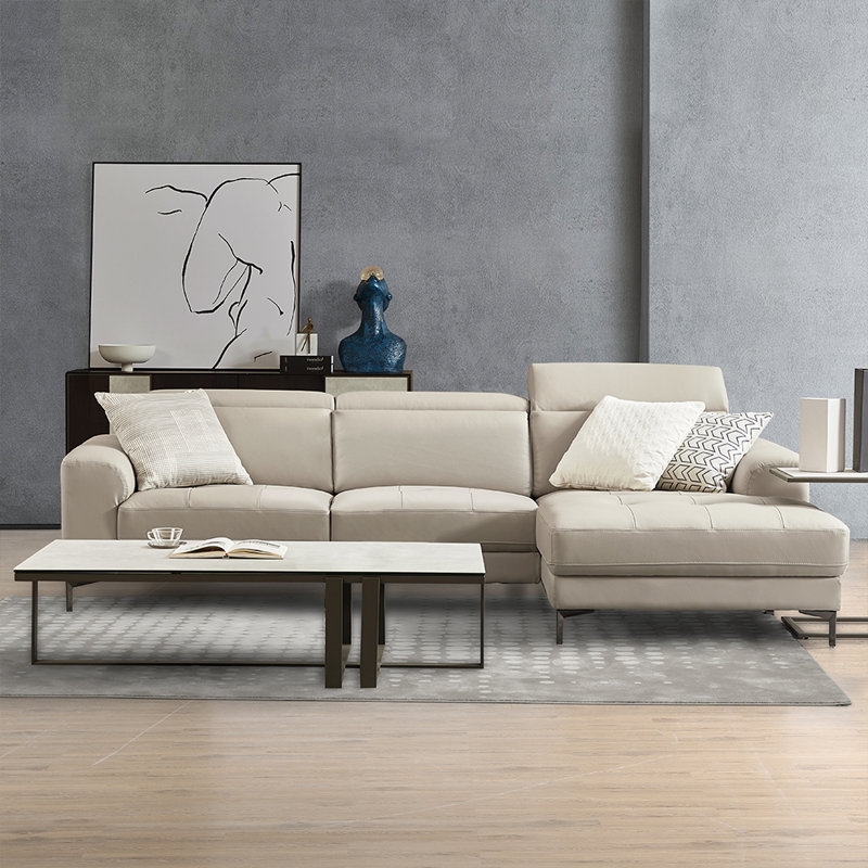 Beele Gray Top Genuine Leather Sectional,Sectional Sofa, Right Hand Facing Chaise with Adjustable Headrest, Right Hand Facing