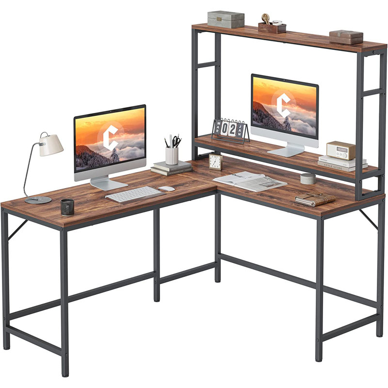 Bureau en U avec rehausse Uchida, Chêne / Noir