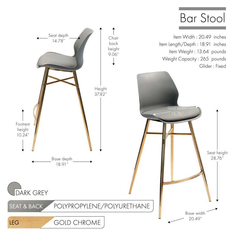 Upholstered Counter Stool with Metal Frame, Dark Grey