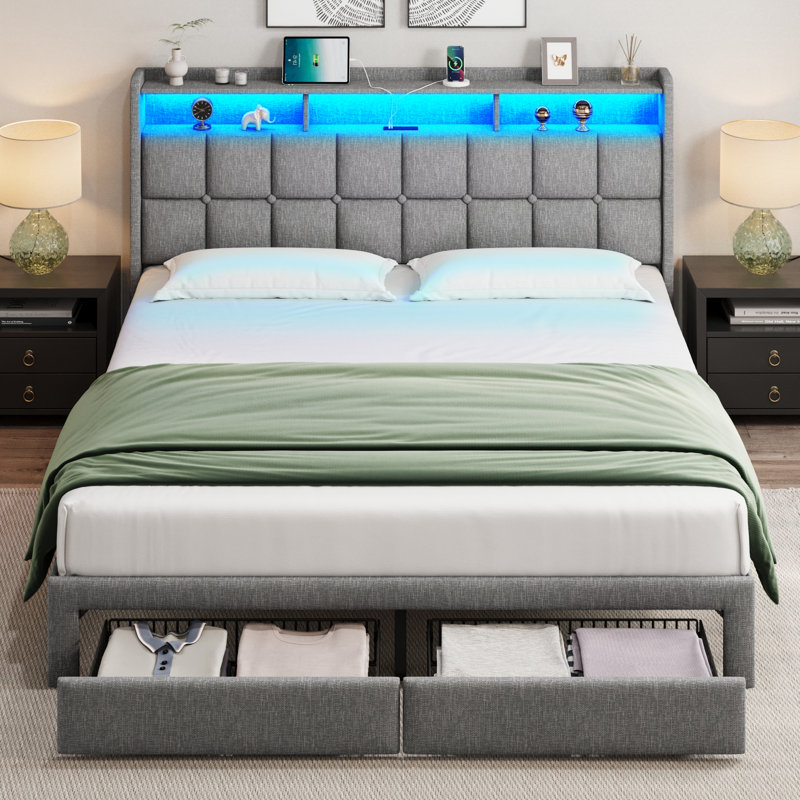 King Light Gray Upholstered Bed Frame with LED and Storage Drawers
