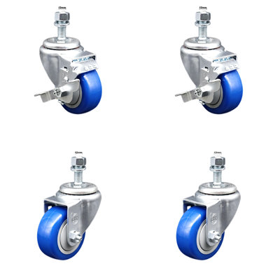 3 Inch SS Blue Polyurethane Swivel 12mm Threaded Stem Caster Set 2 Brakes