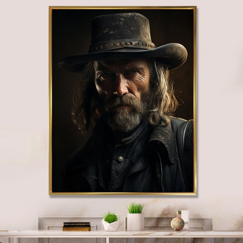 Western Lone Outlaw Portrait sur impression sur toile, H 32 po x l 16 po x P 1 po, Cadre flottant doré