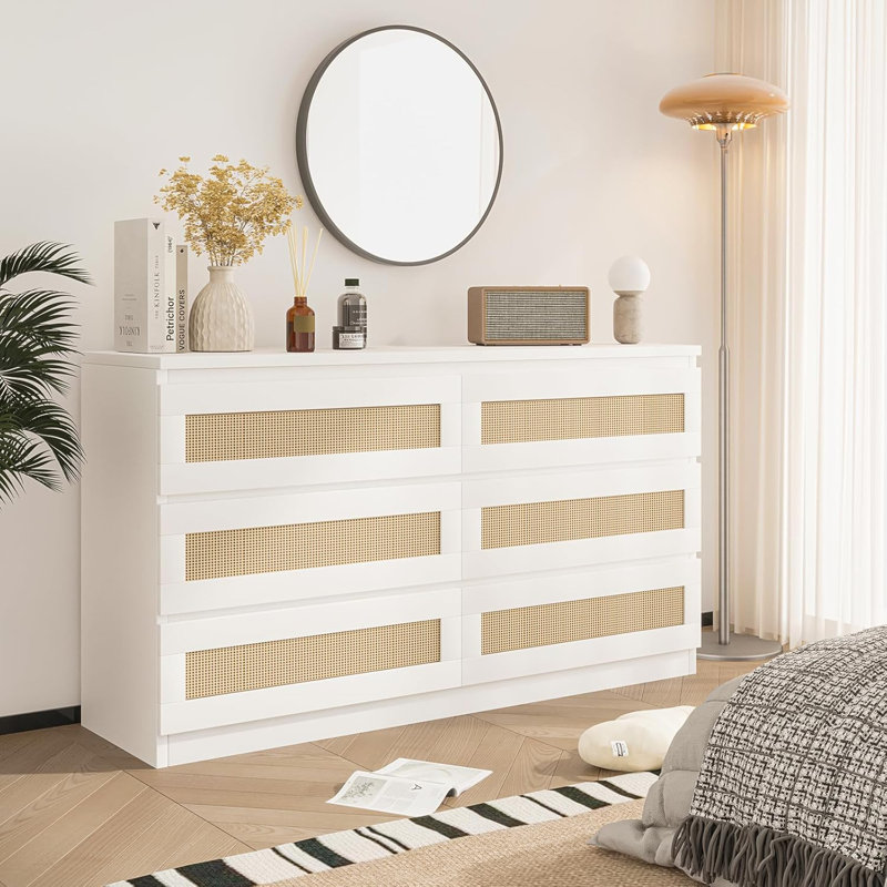 Commode de chambre de bébé en rotin pour chambre à coucher, commode moderne en bois à 6 tiroirs, table d'appoint en bois large