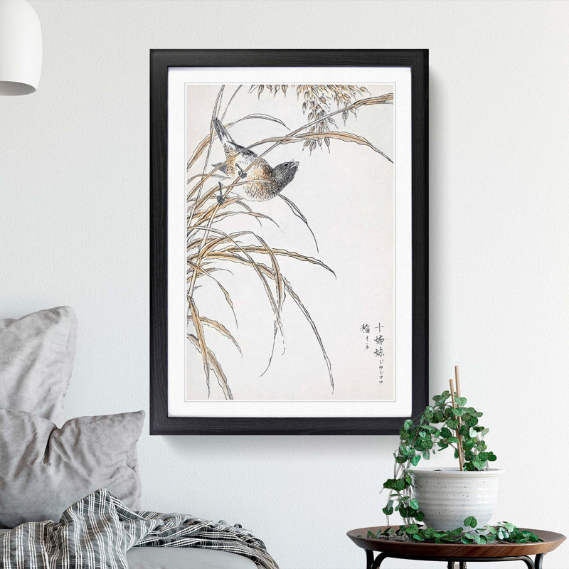 Japanese Grey Bunting Bird by Numata Kashu - Picture Frame Painting Print, 36cm H x 27cm W x 2cm D, Black Framed