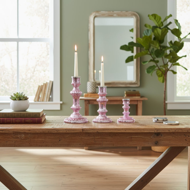 Ensemble de 3 bougeoirs Lemu Luminary Treasures, fer orné rose, Rose