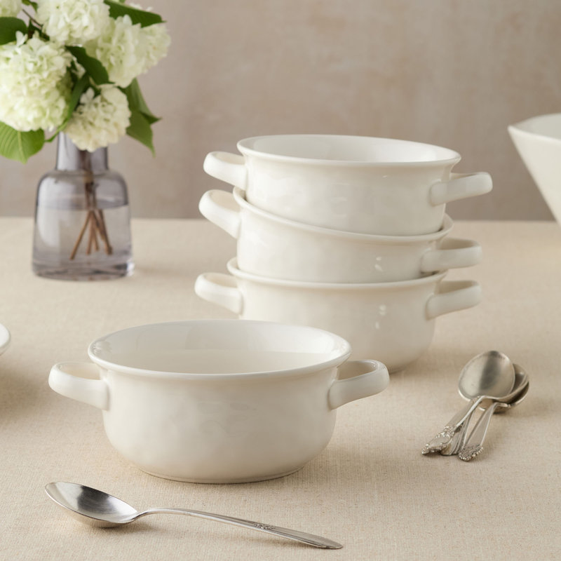Ensemble de 4 bols à soupe 8,25 po 32 oz Linen Cream - Ensemble de 4 bols en grès scandinave avec poignées à languettes intégrées
