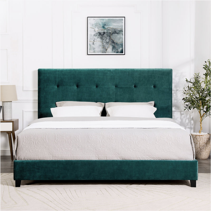Artrina Upholstered Tufted Platform Bed, King, Green