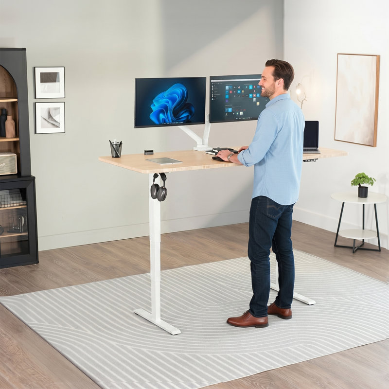Vivo Electric 71" X 30" Stand Up Desk Workstation, Bamboo, White