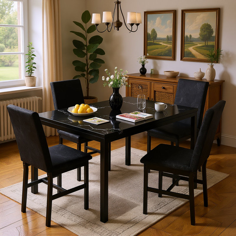 5-Piece Dining Table and Chairs Set, Contemporary Modern Style Dinette Set with Laminated Faux Marble Top and Metal Frame, Kitchen Table with 4 Velvet Upholstered Chairs, Space-Saving Design for Dining Room