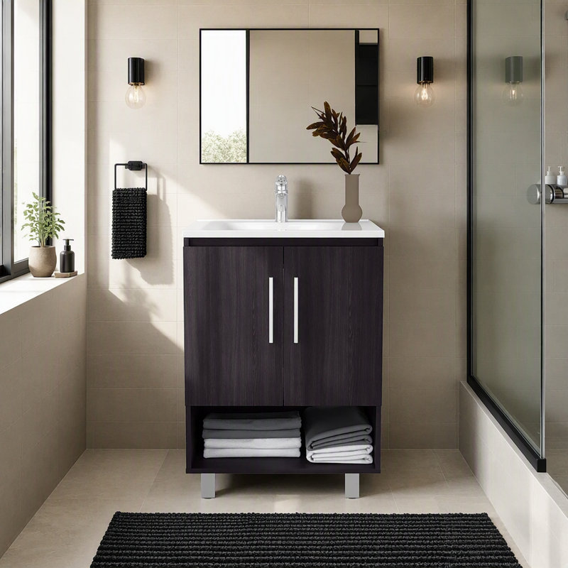 Meuble-lavabo autoportant Texas avec portes doubles, tablette ouverte et base surélevée Texas