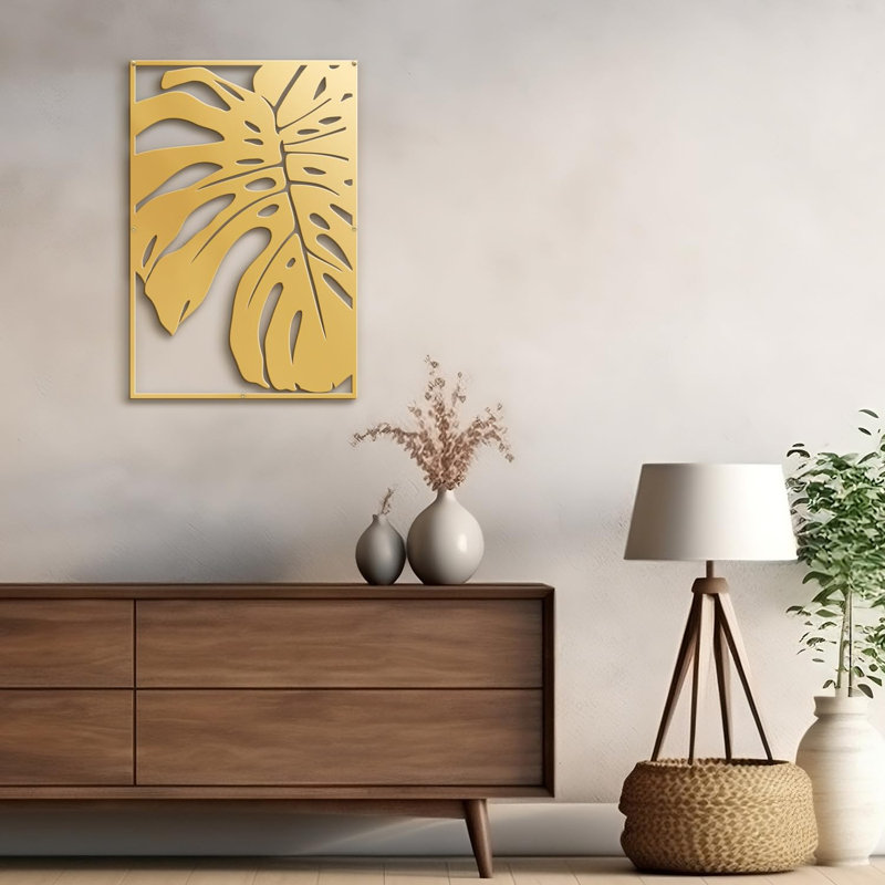 Décoration murale en métal Monstera, Doré, H 36 po x l 24,32 po x P 0,05 po