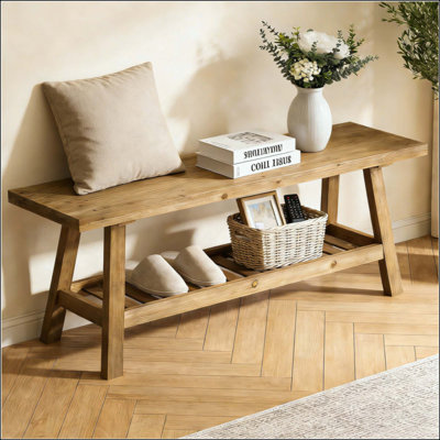 43 Inch Farmhouse Entryway Bench, 2-Tier Rustic Storage Bench with Open Shelf, A-Frame Sturdy Accent Bench for Hallway, Living Room, Bedroom and Kitchen