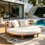 Outdoor Acacia Wood Round Daybed, Patio Lounger with Curved Slatted Backrest, Cushion and 4 Pillows