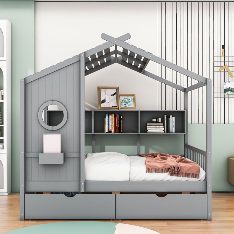 Bitner Two Drawers House Wooden Daybed with Shelves, Gray, Full 
