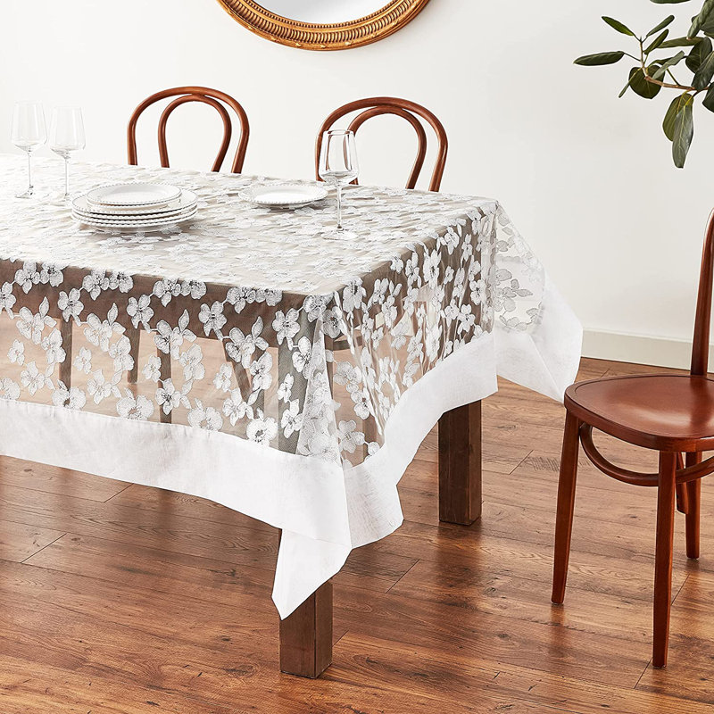 Etheline Floral Tablecloth, 120" L x 70" W, White