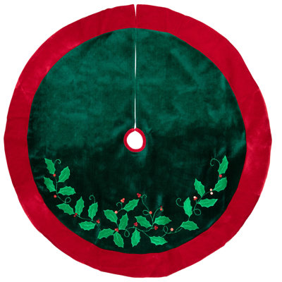 48" Dark Green and Burgundy Holly Berry Velveteen Christmas Tree Skirt