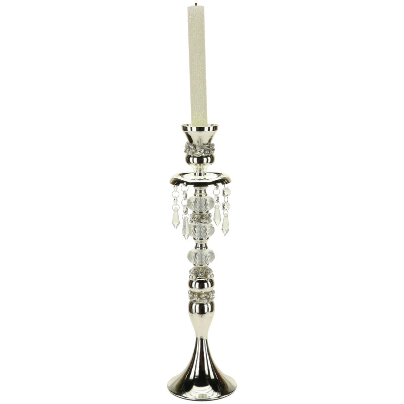 Jeweled Hanging Crystal Pedestal Candlestick, 16" H x 4.33" W x 4.33" D