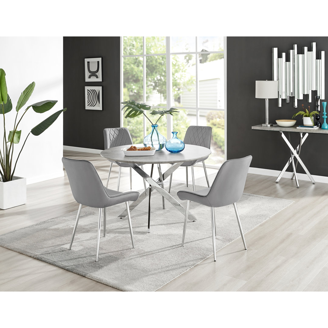 Tierra Modern Chrome Metal & Glass Round Dining Table Set with 4 Luxury Velvet Dining Chairs