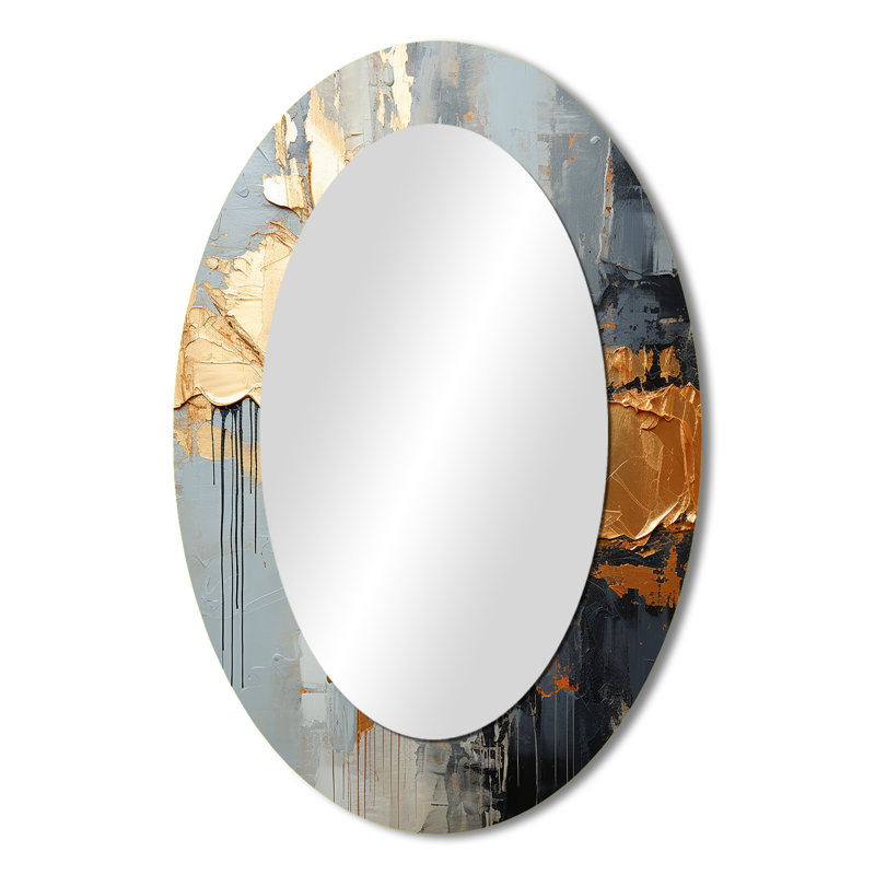 Gold and grey Modern liquid Shapes IV - Abstract Oval Decorative Mirror On Metal, 36" H x 24" W