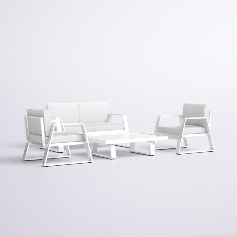 Harriet 4-Person Aluminum Outdoor Conversation Set with Cushions – Modern Curved Patio Seating Group with Rust-Free Frame & Comfort Cushions, White Powder Coated Aluminum, White Cushions