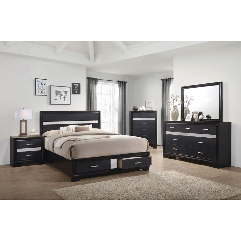 Dunfries Abagael Storage Bedroom Set, King, Black, 5 Pcs: Bed, Nightstand, Chest, Dresser, Mirror