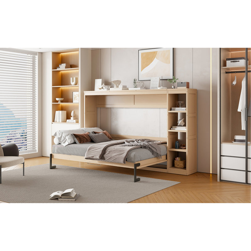 Lit double naturel avec bibliothèque, solide et polyvalent, pliable pour économiser de l'espace, plusieurs espaces de rangement, matelas à lattes de bois, processus d'assemblage rapide