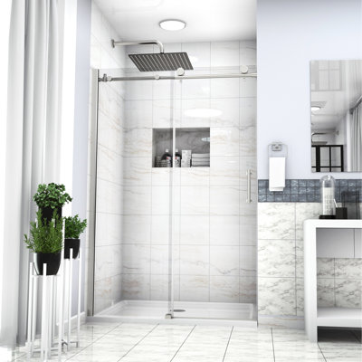 48"X76" Shower Enclosure In Brushed Nickel - Tempered Glass, Sliding Door Transform Your Bathroom Strong Frame, Construction Single 8Mm Thick Glamour Jumping Feature, Safe And Reliable Professional
