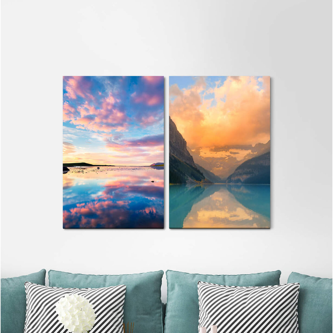 2-tlg. Leinwandbilder-Set - Fotografie „Sea Horizon Nature Pink Clouds Lake Mountains Still”