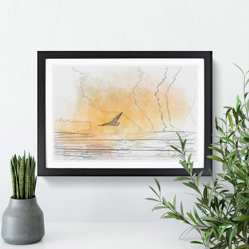 Seagull Flying over the Beach in Abstract - Picture Frame Graphic Art Print, 60cm H x 91cm W x 2cm D, Black