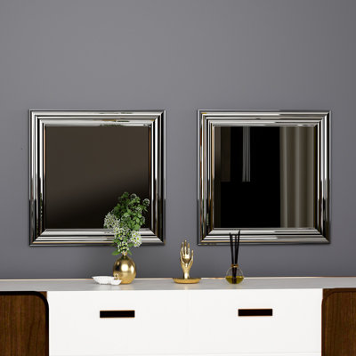 Elegant Silver Framed Mirror Set (2 Pieces), 15.7 x 15.7 x 1.2 inches | 100% MDF with Ecological Flotal-E Mirror | Wall-Mountable, Modern Design for Home Decor, Perfect for Living Room & Entryway