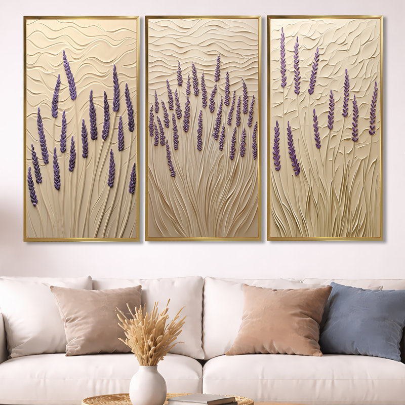Lavande chuchotements de Provence - ensemble d'art mural encadré lavande de 3, H 40 po x l 60 po, Cadre flottant doré