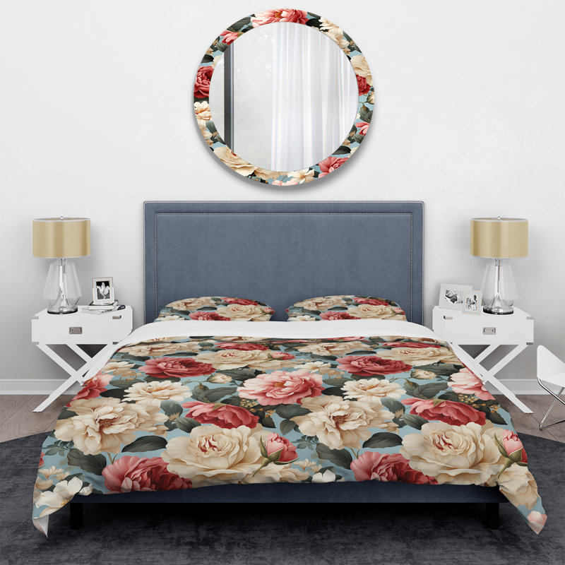 Ensemble de housse de couette rétro à motif floral rose et bleu III, Housse de couette pour très grand lit et 2 très