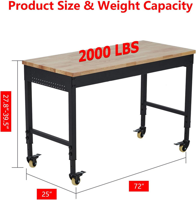 Établi 72 po à hauteur réglable avec tiroirs, table de travail en bois d'hévéa d'une capacité de 2 000 lb