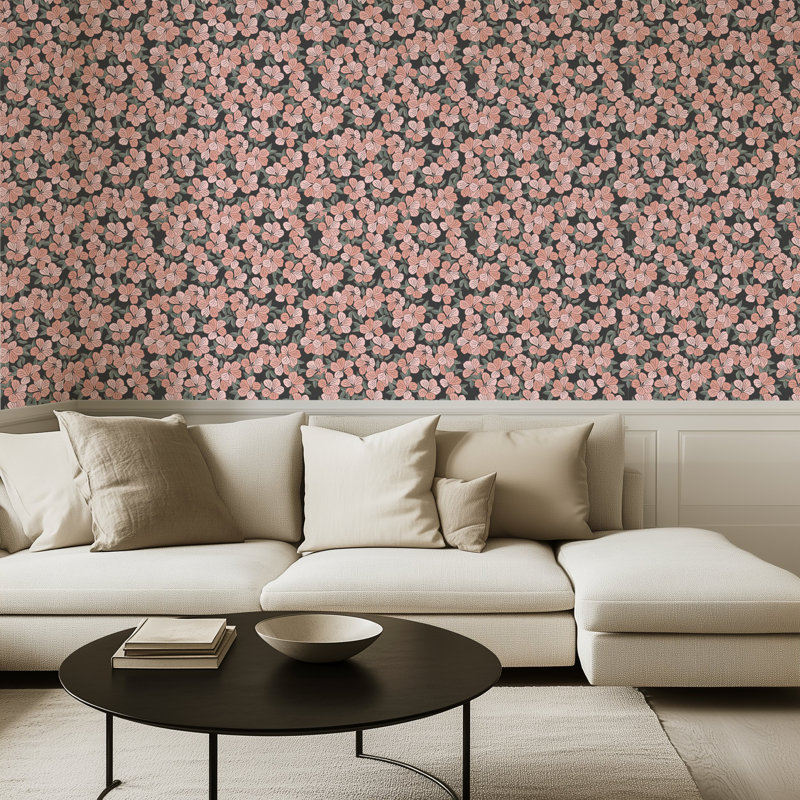 Papier peint rose floral, H 125 po x l 25 po, papier pré-collé, H 125 po, Papier pré-collé