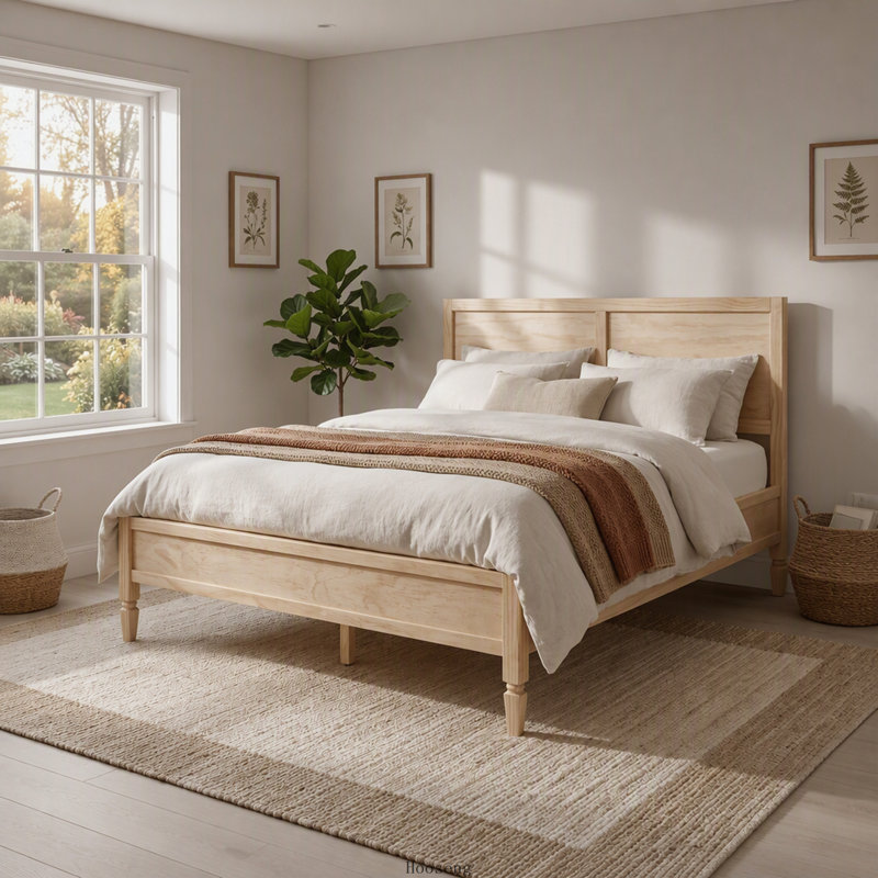 Lit plateforme en bois Queen avec tête de lit classique à panneaux et sommier à lattes, naturel, sans sommier tapissier.