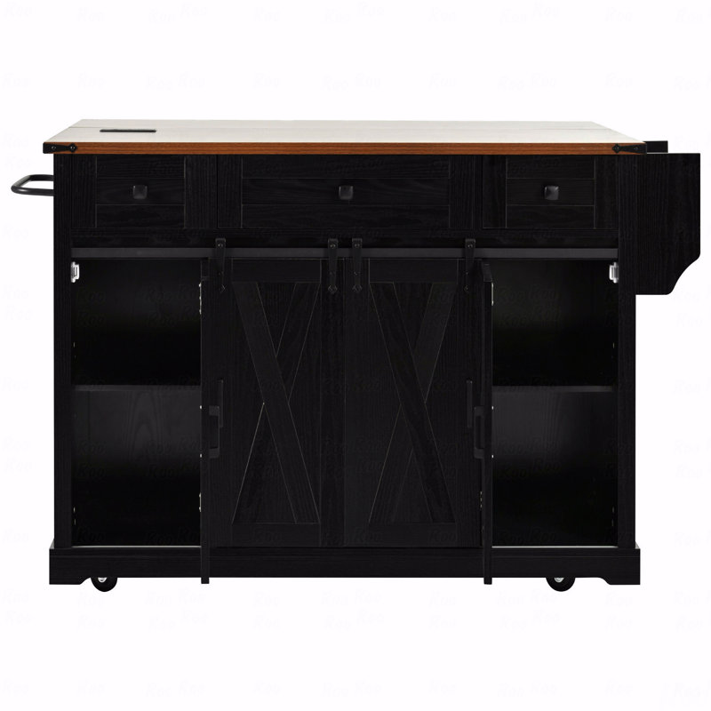 58" Farmhouse Kitchen Island With Storage, Sliding Barn Door And Metal Grid Side Door, Rolling Kitchen Island On 5 Wheels With Spice Rack, Glass Holders,Island Table With Drop Leaf