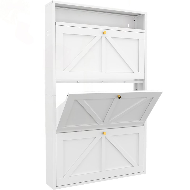 Armoire à chaussures murale en acier avec tiroirs rabattables, H 48,35 po x l 29,92 po x P 6,5 po, Blanc