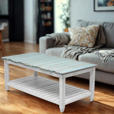 Decastro Solid Wood Coffee Table with Storage - Distressed White Wash Coastal