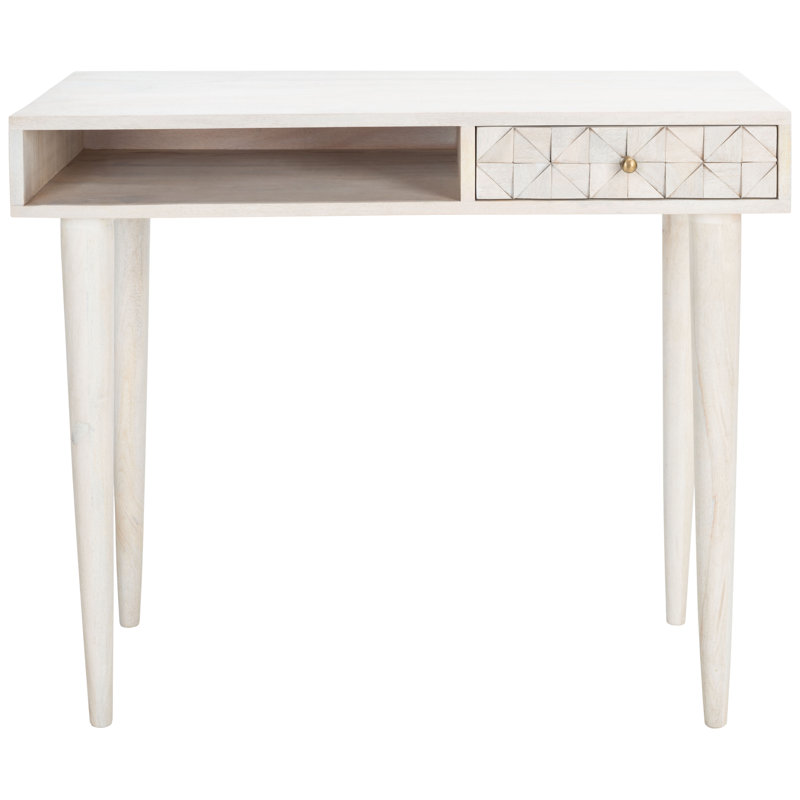 Dannee Solid Wood Top Writing Desk, White Wash/Brass