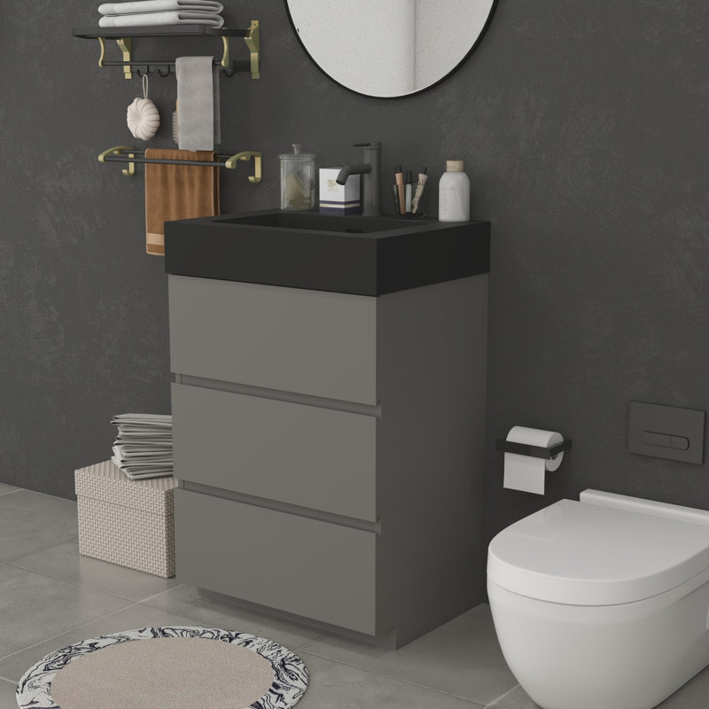 Meuble-lavabo moderne avec lavabo, Gris, Noir