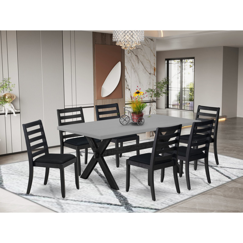Ensemble de table de cuisine 7 pièces composé d'une table en bois avec plateau et de 6 chaises empilables avec tissu en polyester noir - noir brossé